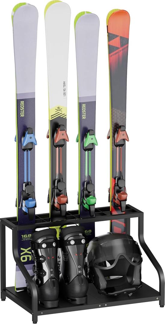 Ski Storage Rack for Garage  Freestanding Ski Holder for 4 Pair Skis, Boot, Helmet, Goggles, Indoor Snowboard Rack Organizer Stand for Home, Shed, Basement, Black
