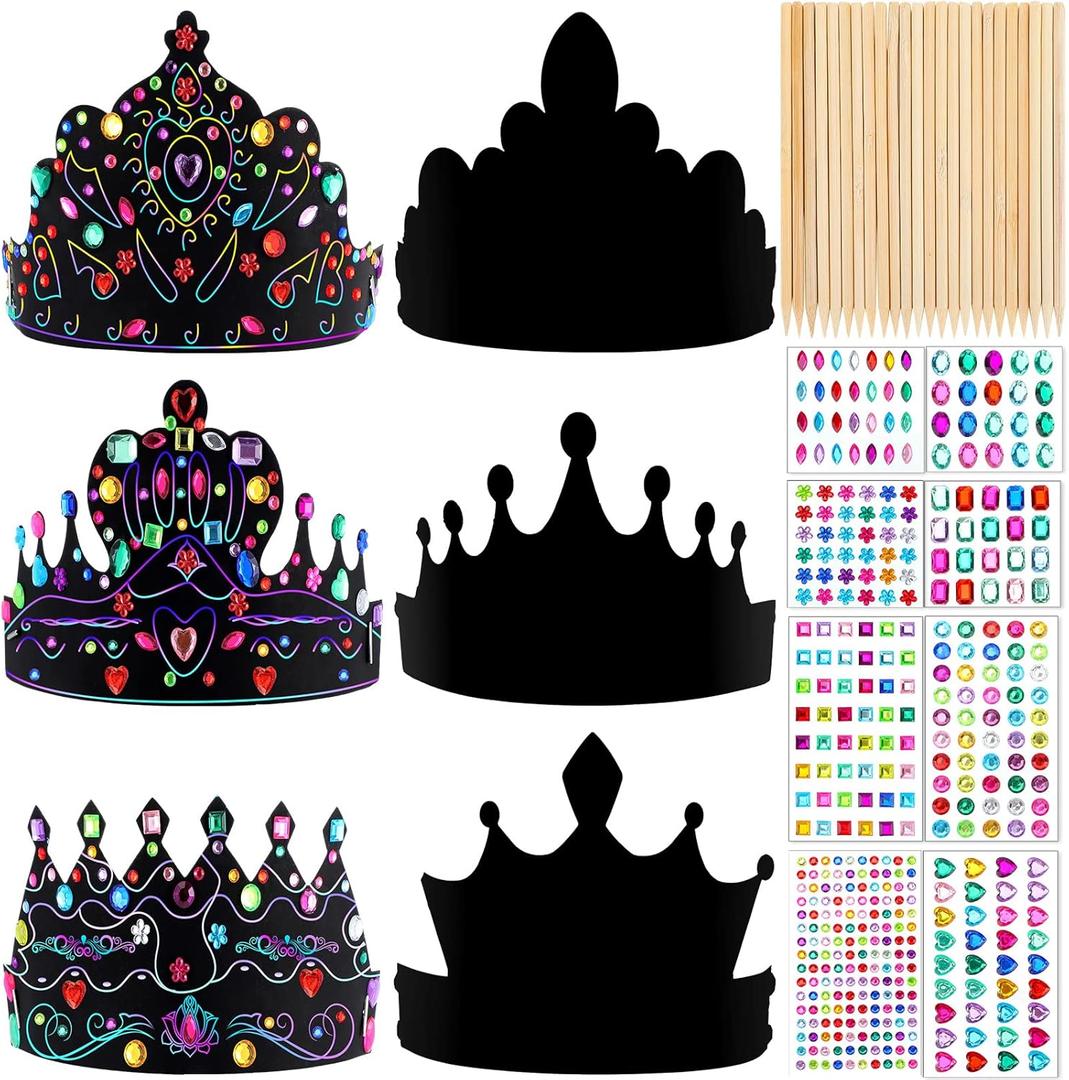 Yinder 80 Pcs Crafts Crowns Set DIY Scratch Paper Crowns with Rainbow Color Headband Hats Wooden Styluses Craft Elastic Bands Colorful Gem Jewels Stickers for Boys Girls Adults