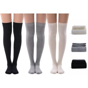 MEIKAN Thigh High Socks for Women, Fashion Cotton Cosplay Over Knee High Socks 3 Packs (White,grey,black)