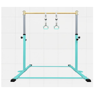 Adjustable Gymnastics Bar for Kids with Mat - Sturdy Kip Bar with Rings, Horizontal Bar for Home Training, 3'-5' Height, Ages 3-15, 250 LBS Capacity, Easy Assembly. Teal