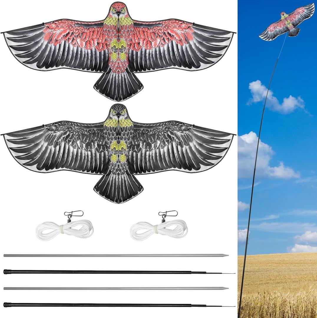 Qualirey 2 Sets Bird Scaring Eagle Flying Kite Bird Scarer Flying Kite for Crops Farm Simulated Eagle Scare Device with 12.63 ft Pole for Outdoor Home Yard (Beige Gray,Beige)
