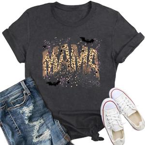 Halloween Shirts for Women Spooky Mama T-Shirt Funny Leopard Cobwebs Crewneck Tee (XXL)