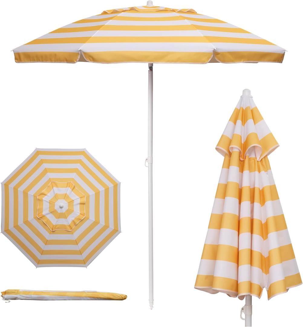 PICNIC TIME 5.5 Ft Portable Beach Umbrella, Lightweight UV Protection Sunshade with Tilt Pole & Carry Bag, Outdoor Canopy Umbrella for Beach, Sand, Pool, Patio, Camping, Travel, or Backyard Shade, (Yellow Cabana Stripe), One Size