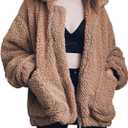 Comeon Women's Coat Casual Lapel Fleece Fuzzy Faux Shearling Zipper Coats Warm Winter Oversized Outwear Jackets (Medium, Khaki)