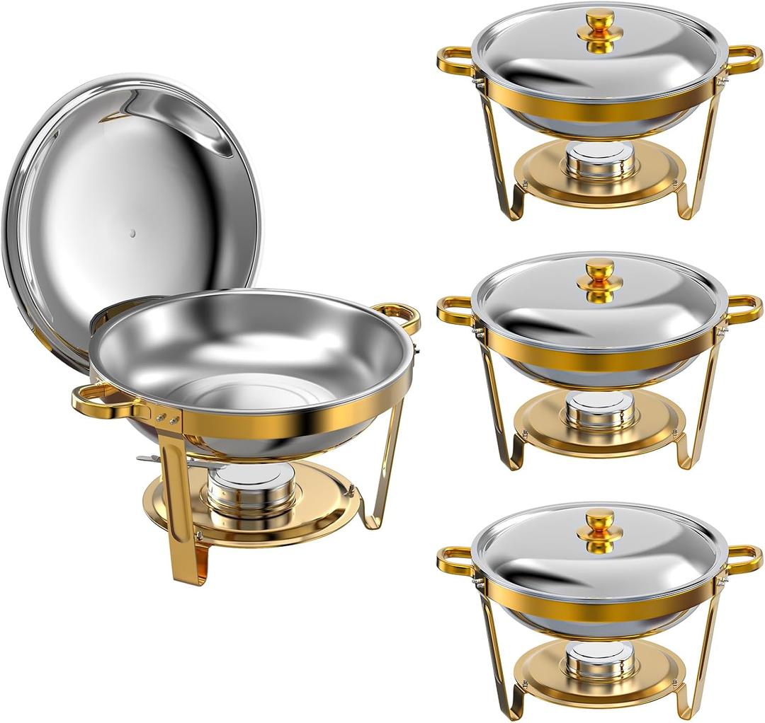 Amhier Chafing Dishes for Buffet 4 Pack, 5Qt Round Stainless Steel Chafing Dishes [Elegant and Smooth] Stainless Steel Chafing Dish Buffet Set for Weddings, Parties and Catering, Gold