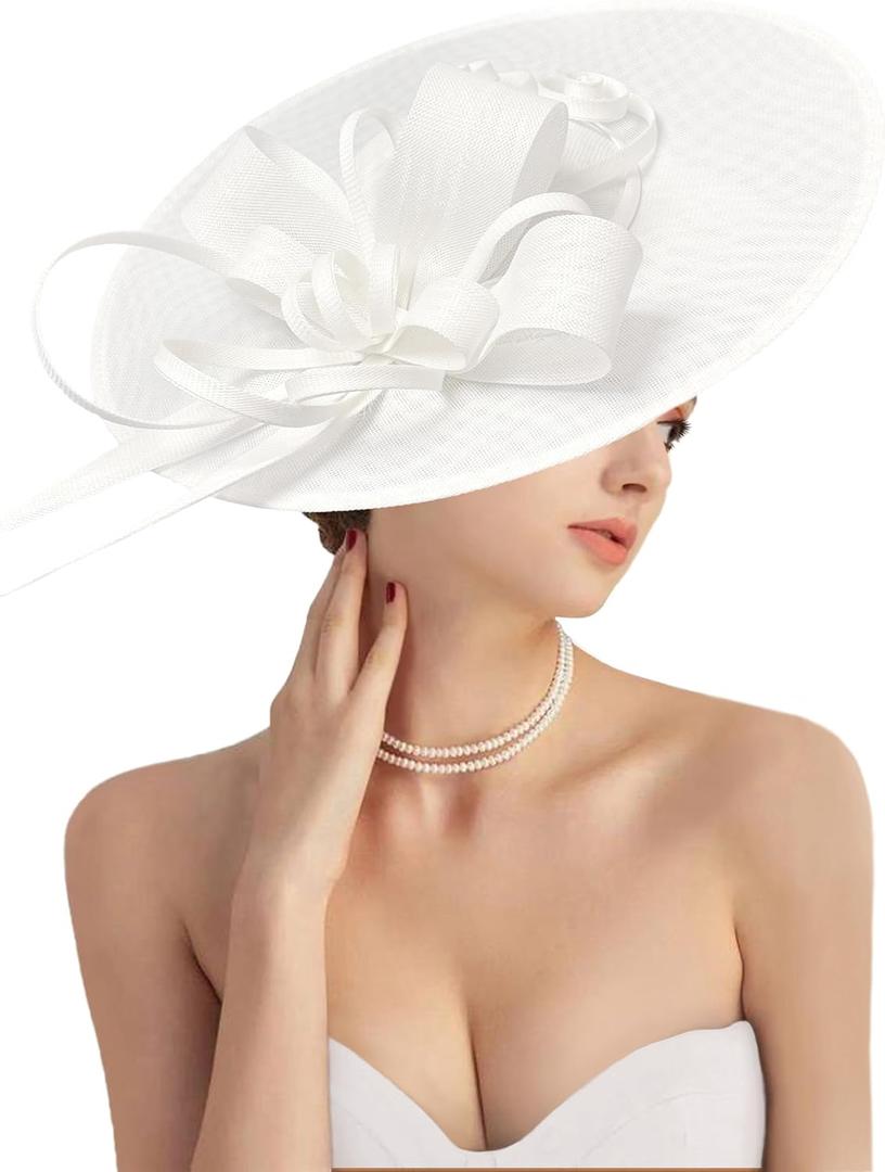 dressfan Church Fascinator Hats for Women,20s 50s Linen Vintage Hat for Derby/Church/Wedding/Cocktail/Tea Party (White)
