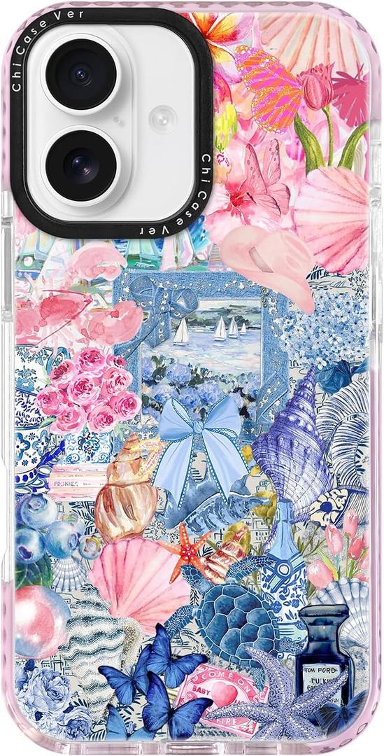for iPhone 16 Plus Case, Coastal Vintage Collage Pattern, Military-Grade Drop Protection, Vintage Coastal Soft Slim TPU Protective Cover with Camera Protection for WomenGirls (PlumeriaTahiti)