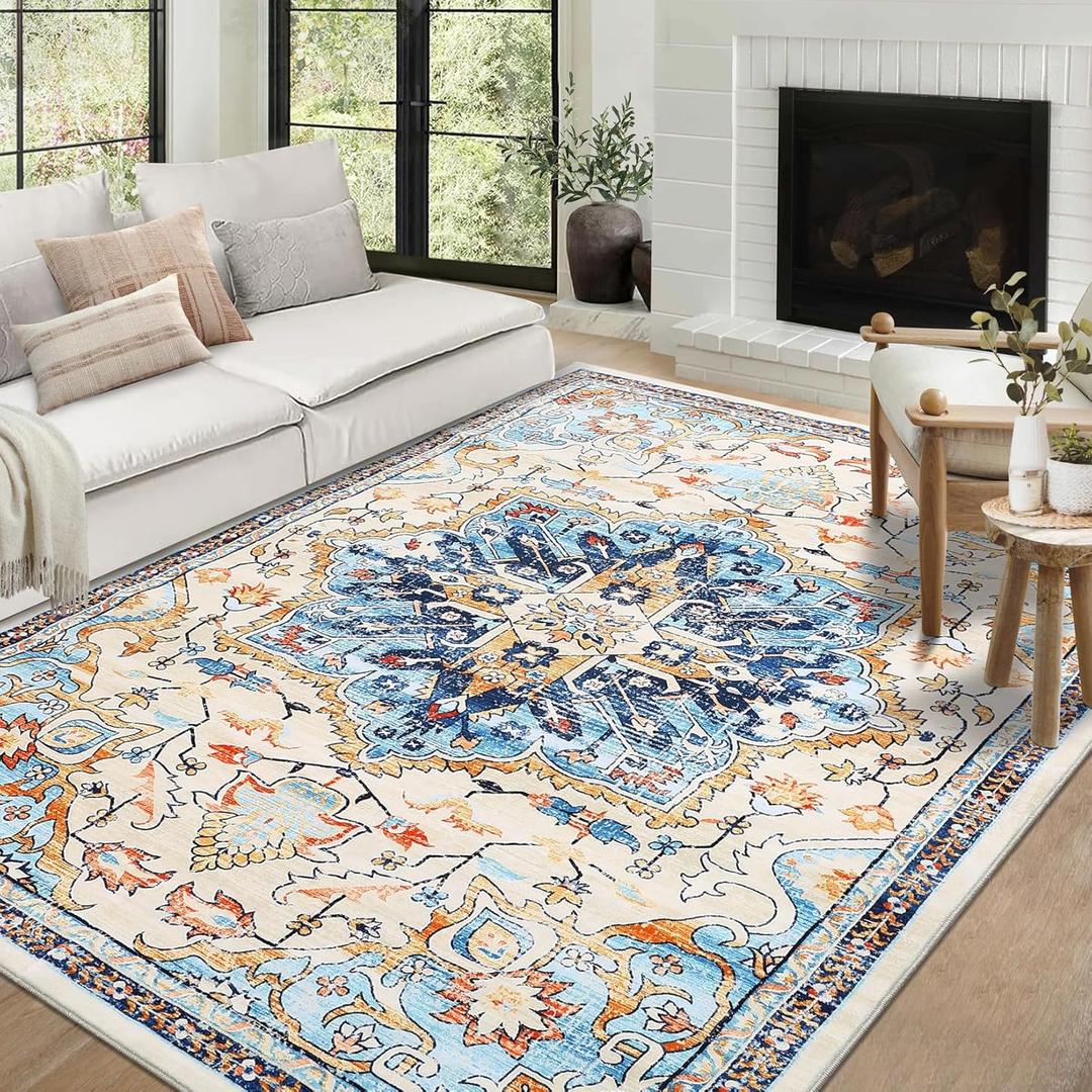 COZYLOOM Washable Area Rugs 8x10 Rug for Living Room Boho Oriental Vintage Rug Non Slip Throw Rugs Large Area Rug for Bedroom Low Pile Stain Resistant Carpet for Dining Room Nursery 8ftx10ft Blue/Beige