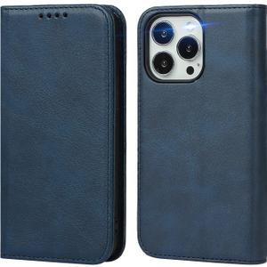 For iPhone 15 Pro Wallet Case with Card Holder for Women Men PU Leather Flip Folio Credit Card Slots Stand Shockproof Phone Cover-Deep Blue