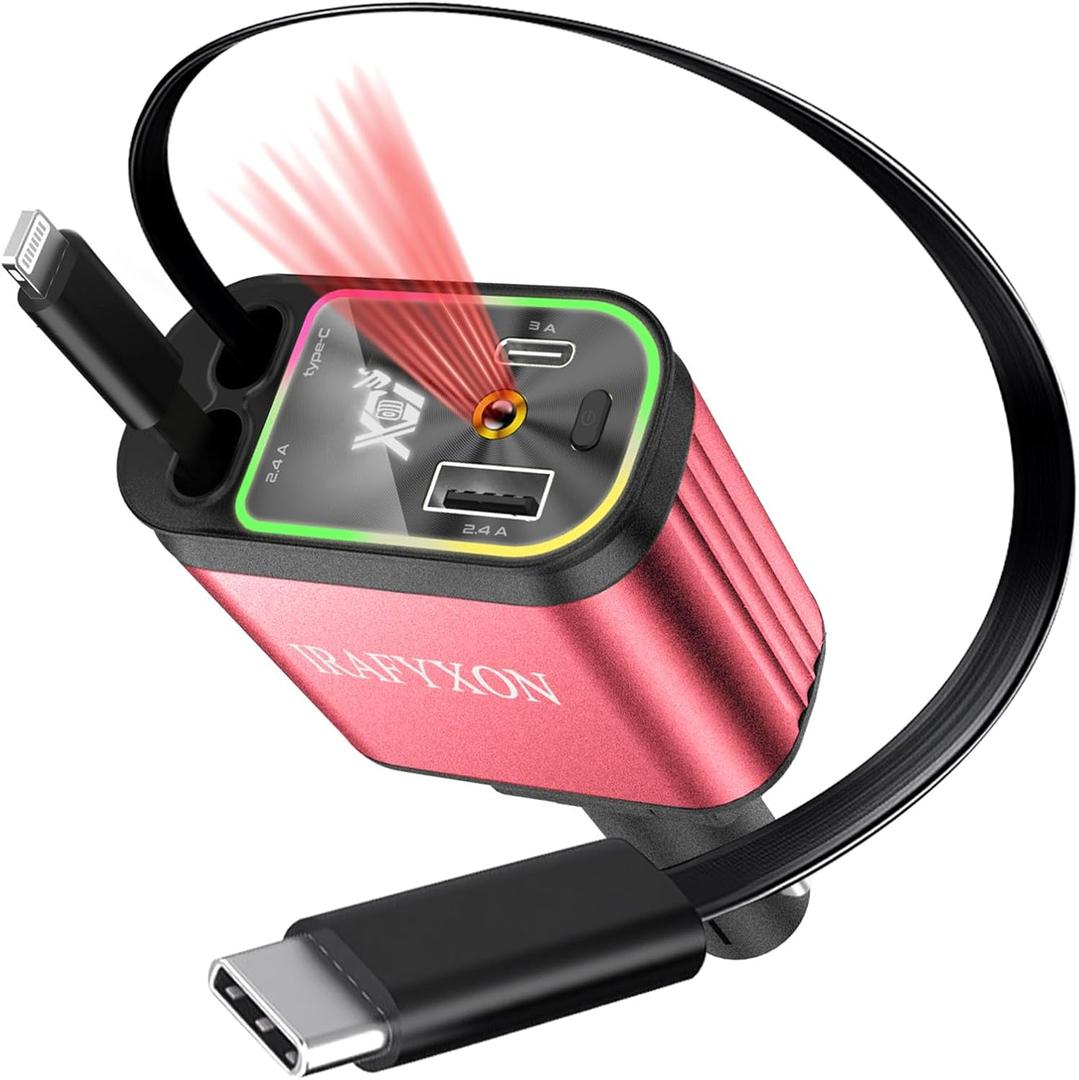 Retractable Car Charger with 31-Inch Cables 4 in 1 Fast Car Charger USB C Car Adapter with Starry Sky Light for iPhone 17 16 15 14 Car Accessories Gifts for Men Women Drivers (RED)