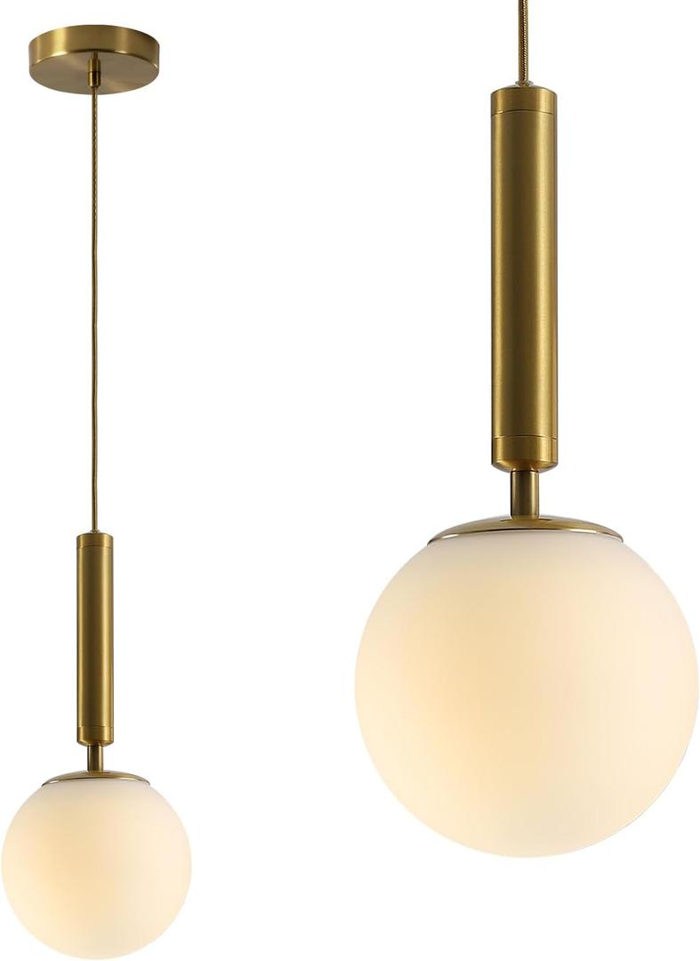 BOKT Mid Century Modern Gold Globe Pendant Light Milk White Opal Glass Pendant Light 1 Light Farmhouse Brushed Brass Mini Hanging Pendant Lights Kitchen Island for Bathroom Bedroom Hallway (Gold)