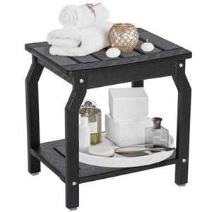 LOENIY 2-Tier HDPE Shower Bench with Non-Slip Foot Pads, Wood-Like Spa Shower Stool for Inside Shower, Ergonomic Waterproof Bathroom Bench Seat with Storage Shelf, for Seniors & Adults (Black)