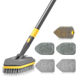 Shower Scrubber with Long Handle for Cleaning, 56" Extendable 3 in 1 Shower Cleaner Brush, Interchangeable Tub Scrub Brush Attachment for Cleaning Bathroom Bathtub Floor Wall