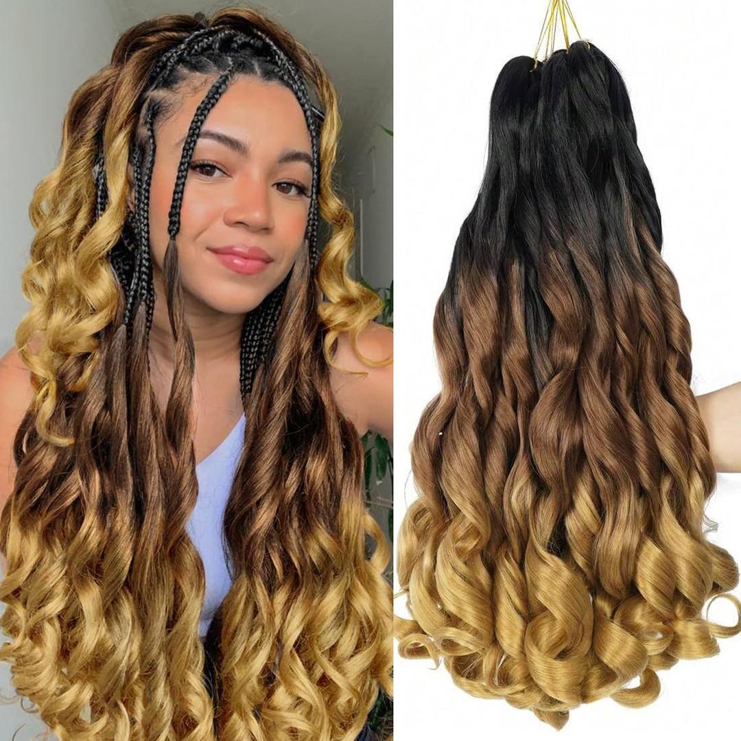 WIPPORYA French Curl Ombre Braiding Hair Pre Stretched 24 inch 6 Packs Wave Bouncy Braiding Hair French Curl Braids Yaki Curly Hair for Black Women Hair Extensions(1B/30/27)