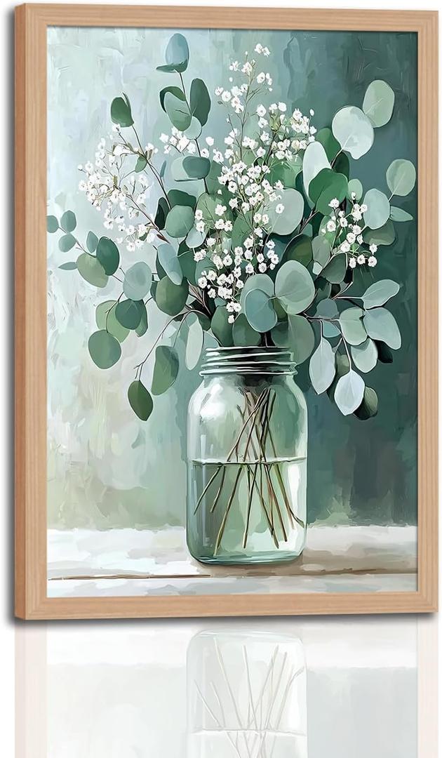 Framed Eucalyptus Floral Wall Art Canvas Print Green Botanical Mason Jar Flower Painting Poster Picture, Farmhouse Nature Artwork, Wrapped for Living Room Bedroom Bathroom Decor16x24in