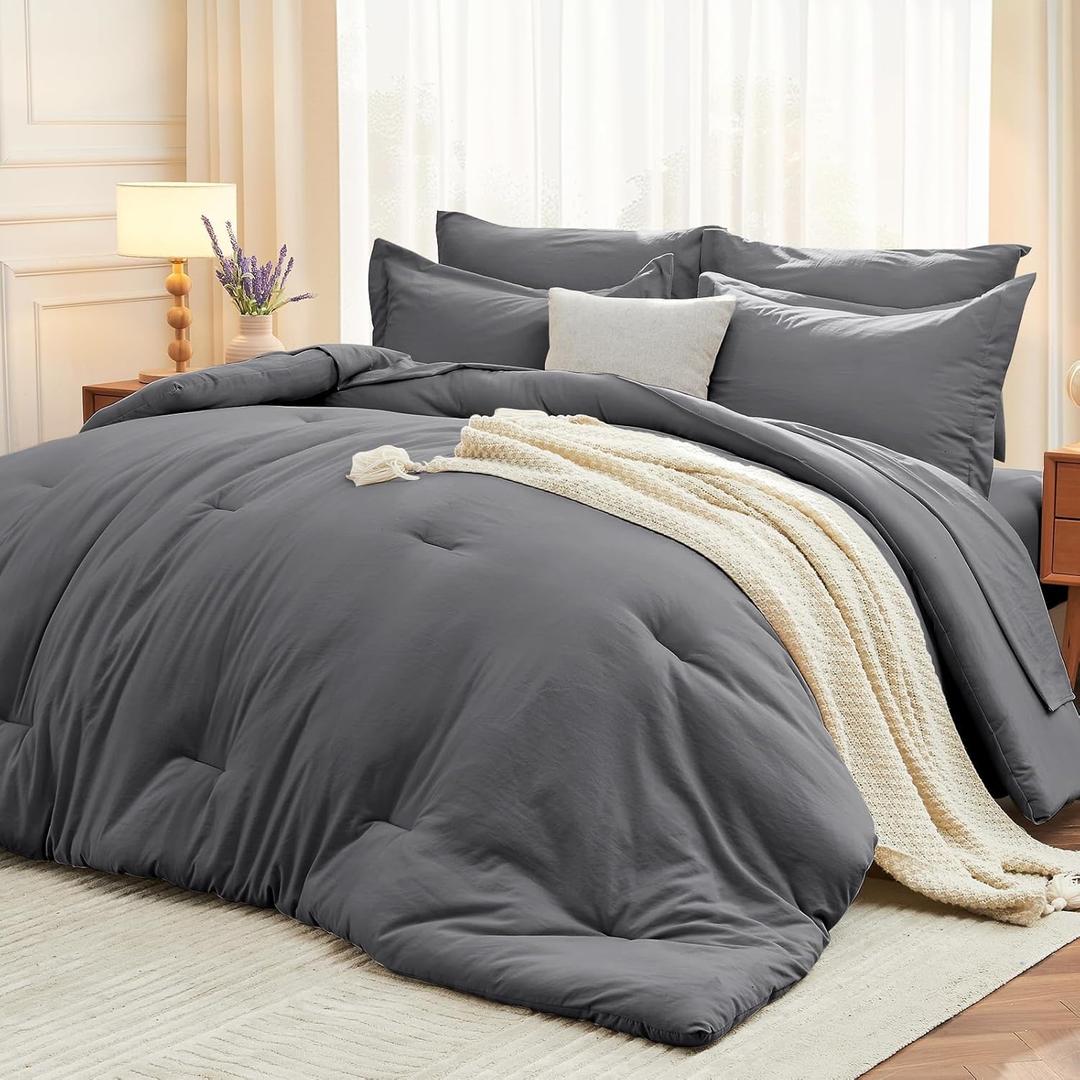 MUXHOMO 7 Pieces King Comforter Set, Soft Bed in a Bag King Size, All Season Bedding Set with Comforter, Flat Sheet, Fitted Sheet, Pillowcases & Shams, King(104"x 90"), 02 - Dark Grey