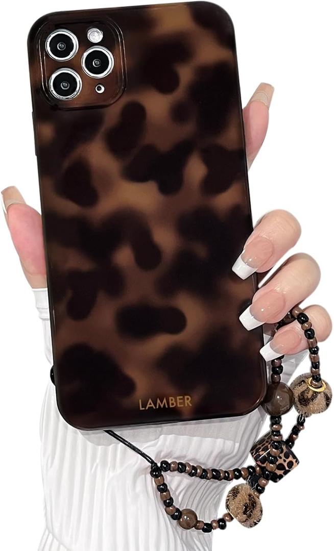 NITITOP Compatible with iPhone 11 Pro Max Case with Chain Lanyard Strap Stylish Leopard Print Tortoise Brown Amber for Women Girls Men Soft TPU Shockproof Protective Cover - Brown