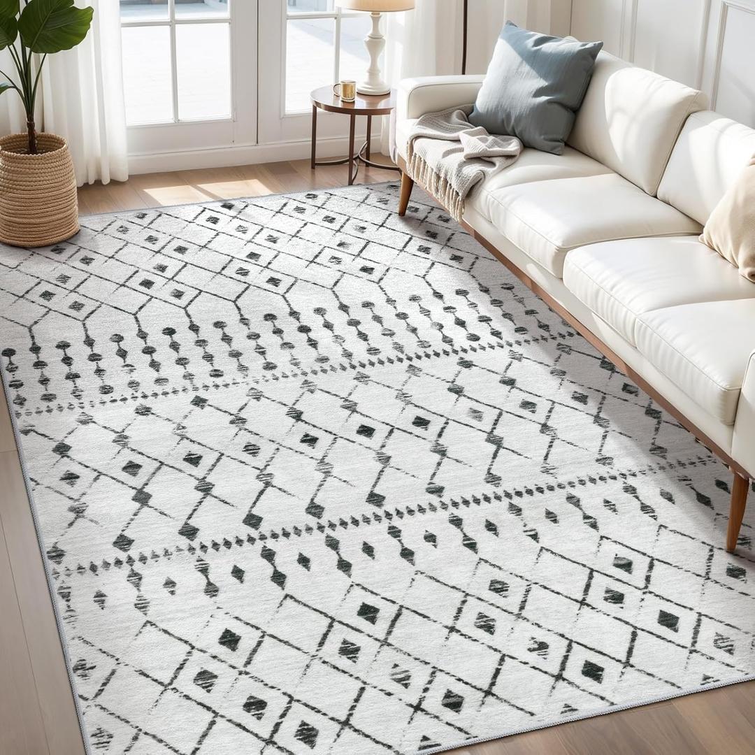 Moroccan 5x7 Area Rug Living Room Rugs, Washable Rug Indoor Non Slip Rugs, Soft Low Pile Rug Foldable Accent Rug for Living Room Bedroom Dining Room, Grey Carpet