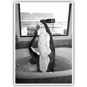 Trendy Black and White Posters Funny Woman Drinking Wine in Bathtub Wall Art Funky Girl Room Decor Fashion Vintage Bar Cart Canvas Prints for Girls Dorm Bathroom Apartment Aesthetic 16x24in Unframed