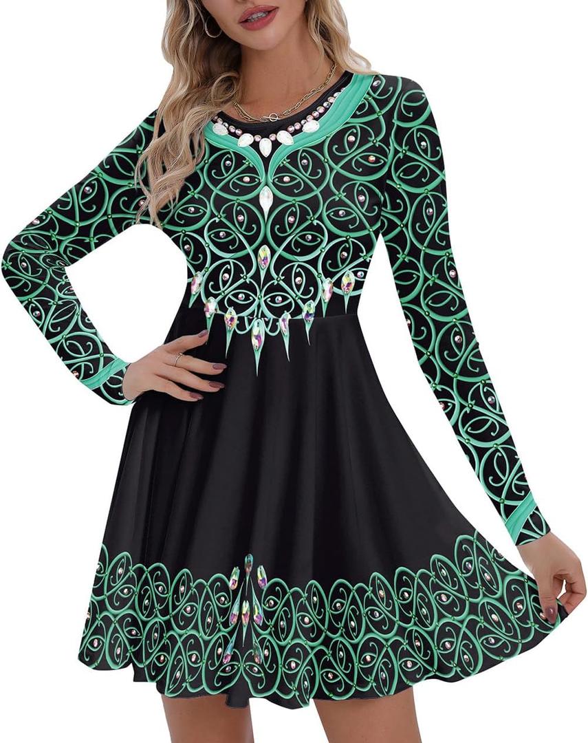 Women's St. Patrick's Day Long Sleeves Printed Irish Twirl Dance Dress (Large)