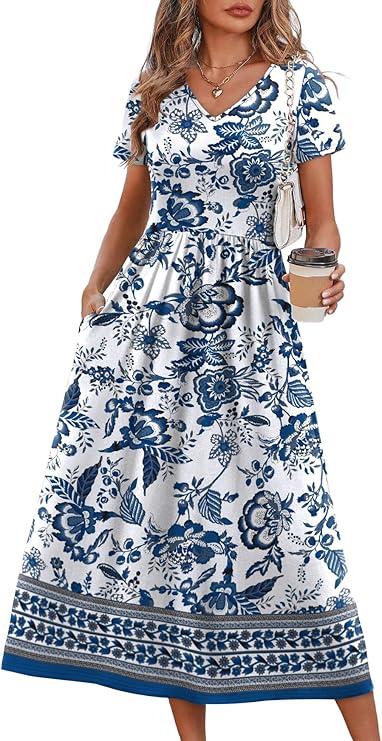 OFEEFAN Summer Dresses for Women Flowy Casual A-Line Midi Dress Beach Vacation Sundresses with Pockets, Size 2XL