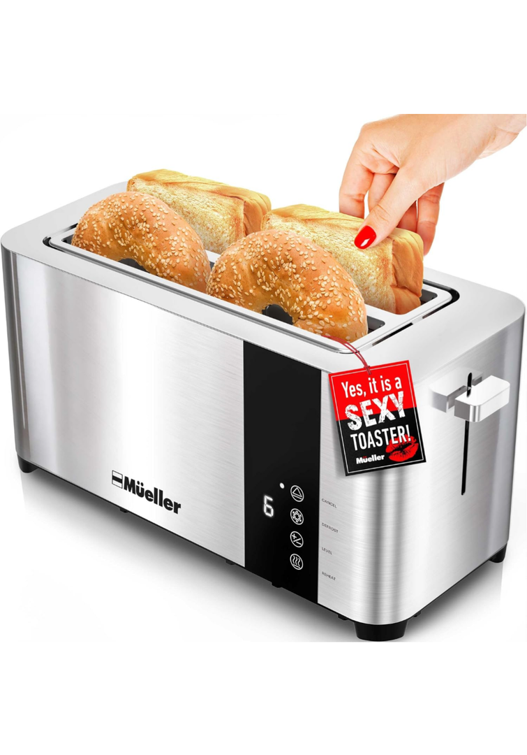 Mueller UltraToast Full Stainless Steel Toaster 4 Slice, Long Extra-Wide Slots for Bagels and Waffles, 6 Browning Levels, LED Display, Cancel/Defrost/Reheat Functions & Removable Tray, Kitchen Gadgets