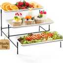 Lifewit Plastic 3 Tier Serving Tray for Party Supplies, 12" x 6.5" Crack-Proof Platters for Serving Food, White Reusable Trays with Black Metal Display Stand for Veggie, Fruit, Cookies, Dessert