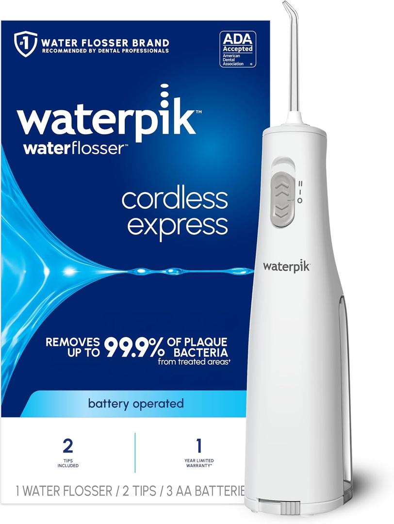 Waterpik Cordless Express Water Flosser, Battery Operated & Portable for Travel & Home, ADA Accepted, Waterproof for Shower Use, White WF-02