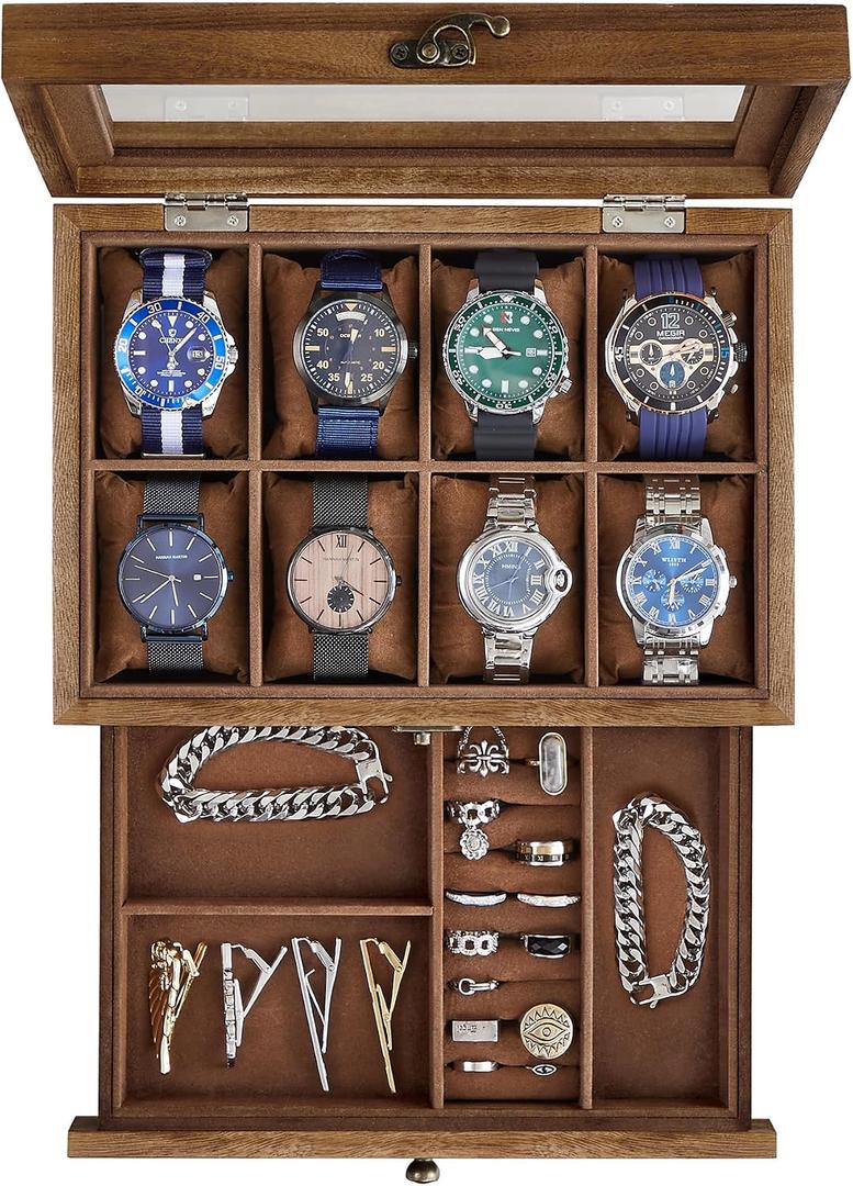 SONGMICS 8-Slot Watch Box, 2-Tier Watch Display Case with Large Glass Lid, Removable Pillows, Velvet Lining, Jewelry Box, Gift Idea, Rustic Walnut UJOW008K01
