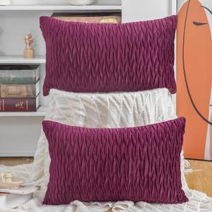 MADIZZ Set of 2 Super Soft Velvet Decorative Throw Pillow Covers 12x20 inch Burgundy Rectangular with Texture Luxury Style Cushion Case Pillow Shell for Sofa Bedroom