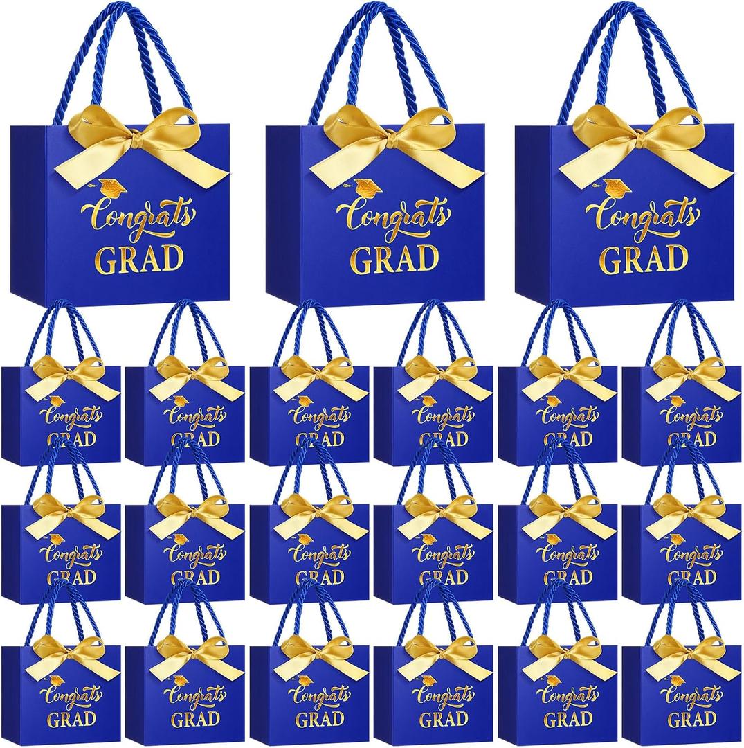 Moinchore 30 Pcs Blue Gold Graduation Gift Bags Bulk 5.5 x 4.7 x 2.5'' Small 2026 Congrats Grad Favor Bags with Handles Bow Ribbon Wrap Graduation Day Paper Party Supplies for College High School