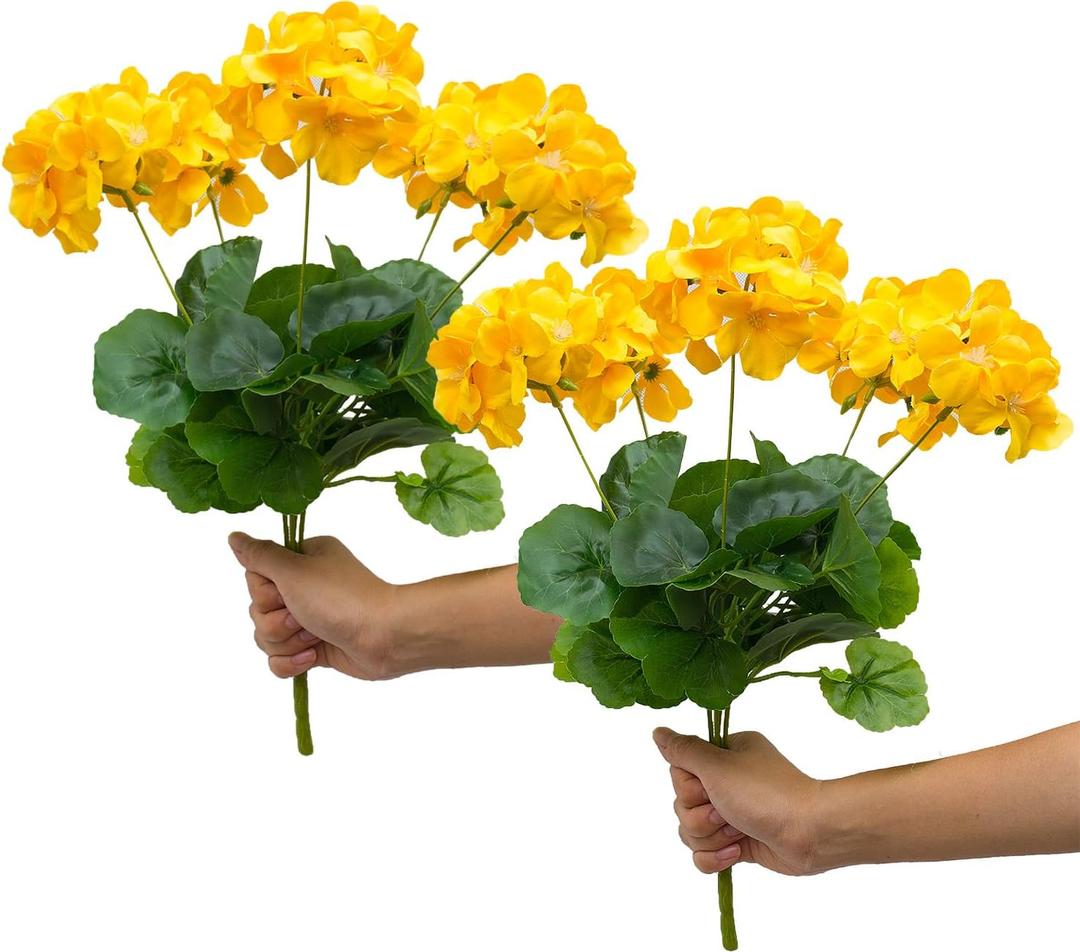 Mumiko 18'' Artificial Geraniums Silk Flowers Plants Realistic for Home Outdoor Decor Garden (2, Golden Yellow)