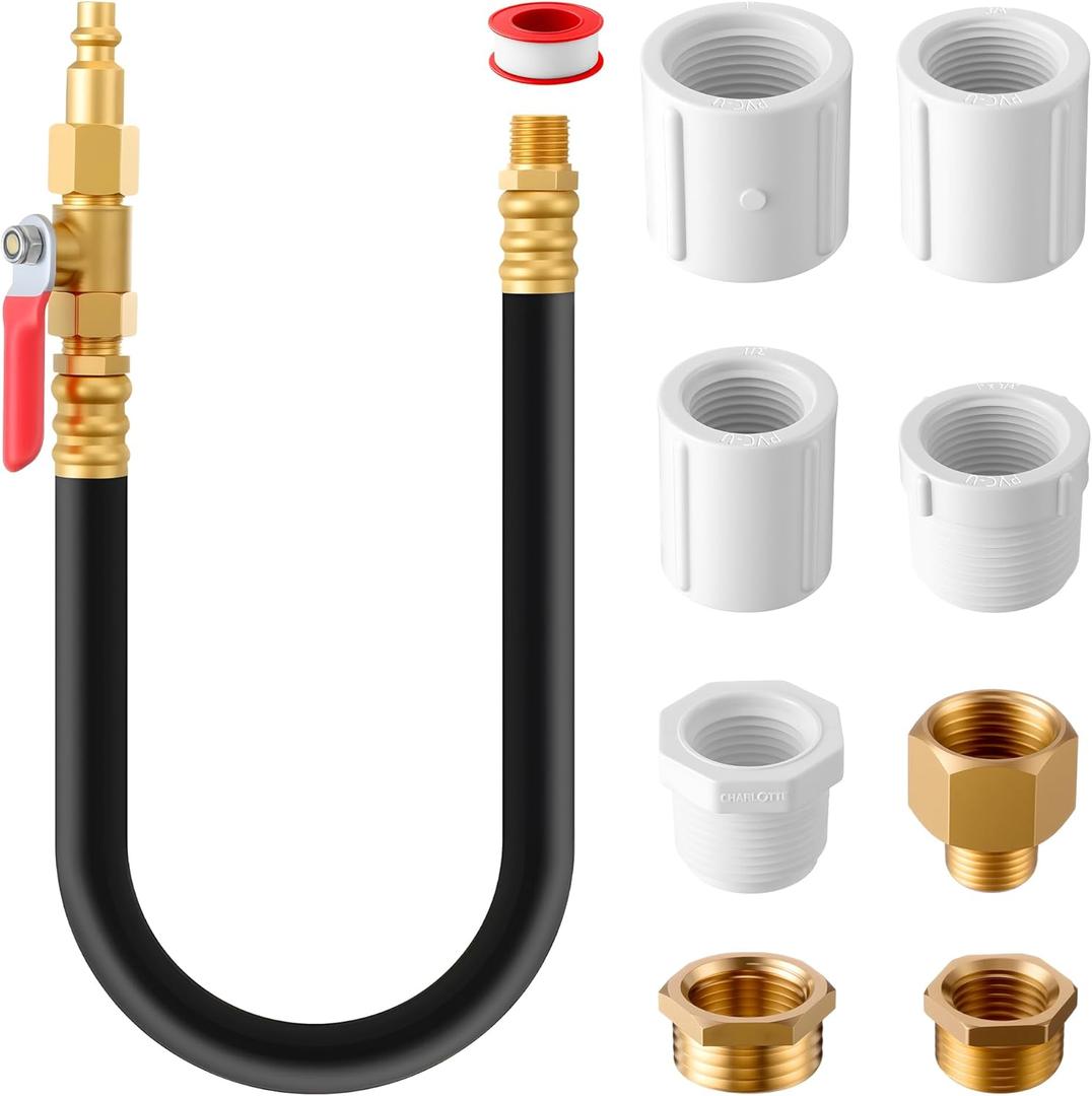 Winterize Sprinkler Blowout Adapter Kit with Shut Off Valve, 12" Hose RV Winterize Kit with Air Compressor Quick Connect for Irrigation System & RV, Includes 1/4" to 1" NPT MNPT & FNPT Thread
