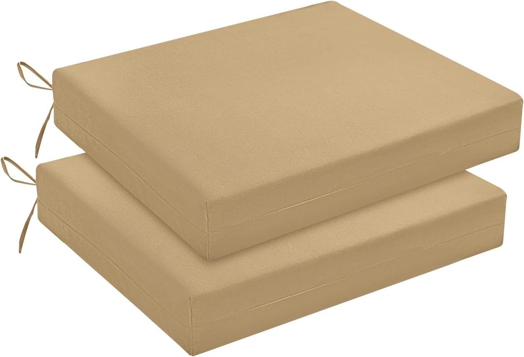 downluxe Outdoor Chair Cushions Set of 2 for Patio Furniture, Water-Resistant Square Corner Patio Chair Cushions with Ties, High Density Foam Outdoor Seat Cushion, 18.5" X 16" X 3", Khaki