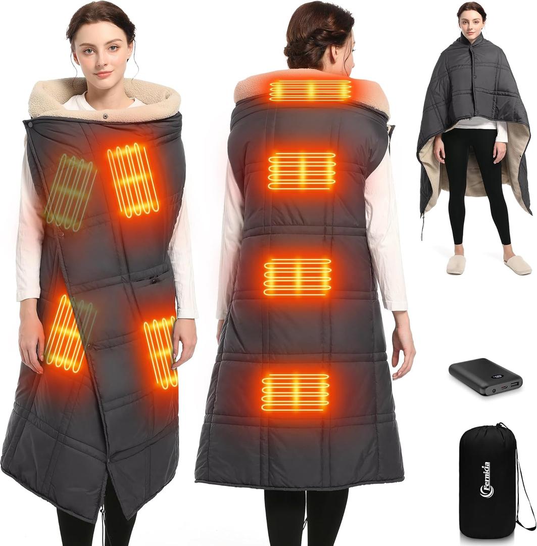 FERNIDA Sherpa Heated Blanket Battery Powered, 59" x 47", Portable Wearable Heated Blanket for Camping Home Car - DC 7.4V Cordless Electric Heating Throw Blanket (Black)