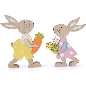 2 x WellSign 2Pcs Easter Bunny Table Wooden Sign Decorations for Home, Farmhouse Rustic Wood Rabbit Tiered Tray Decor for Tabletop Shelf Mantel Happy Spring Party Outdoor Indoor, Easter Gifts for Kids