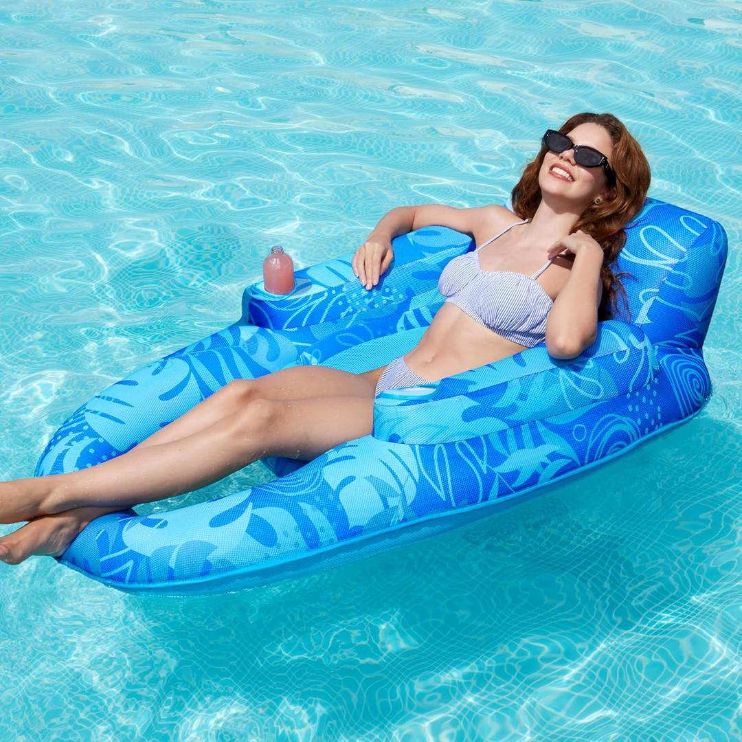 SLOOSH Premium Inflatable Pool Floats Lounger Adult, Fabric Pool Floaties Lounge with Cup Holders Backrest Recliner for Pool Party (Blue)