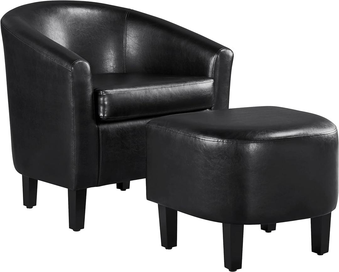 Yaheetech Accent Chair with Ottoman Set, Modern Faux Leather Upholstered Soft Barrel Chair and Footrest, Club Armchair and Footstool for Living Room/Bedroom/Reading Room/Guest Room, Black