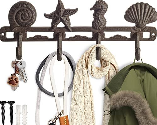 Comfify Rust Brown Seashell Cast Iron Wall Hook Rack – 4 Hooks, 13.5"