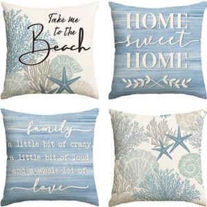 AVOIN colorlife Summer Take Me to The Beach Coral Starfish Throw Pillow Covers, 20 x 20 Inch Home Sweet Home Motto Blue Cushion Case for Sofa Couch Set of 4