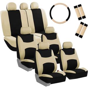 FH Group Light & Breezy Cloth Car Seat Covers, 7 Seater Three Row Set- Airbag & Split Ready -Universal for Cars Trucks and SUVs Beige/Black