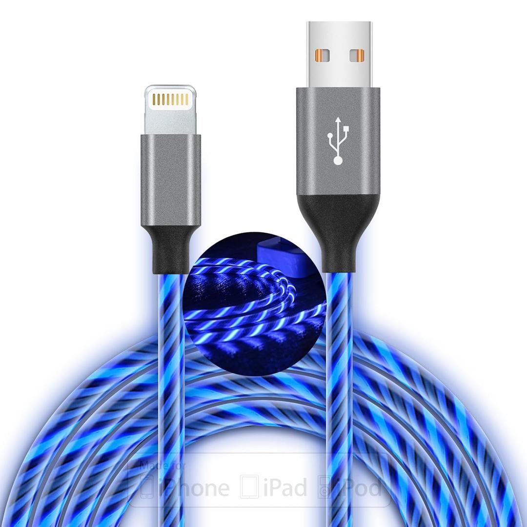 LED iPhone Charger Cord Light Up Lightning Cable | MFi Certified Apple Charger | Cool USB Fast Charging for iPhone 14 13 12 11 Pro Max XR X SE 8 Plus, iPad iPod and More (Blue, 3ft)