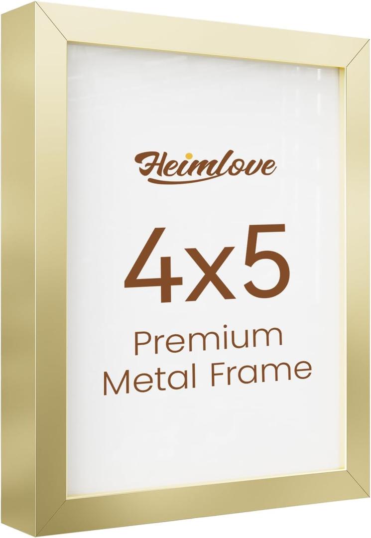 Heimlove 4x5 Aluminum Picture Frame, Metal Picture Frame for Wall Hanging or Tabletop, Photo frame with Tempered Glass - Simple and Elegant Decor for Wall - 1 Pack - Gold
