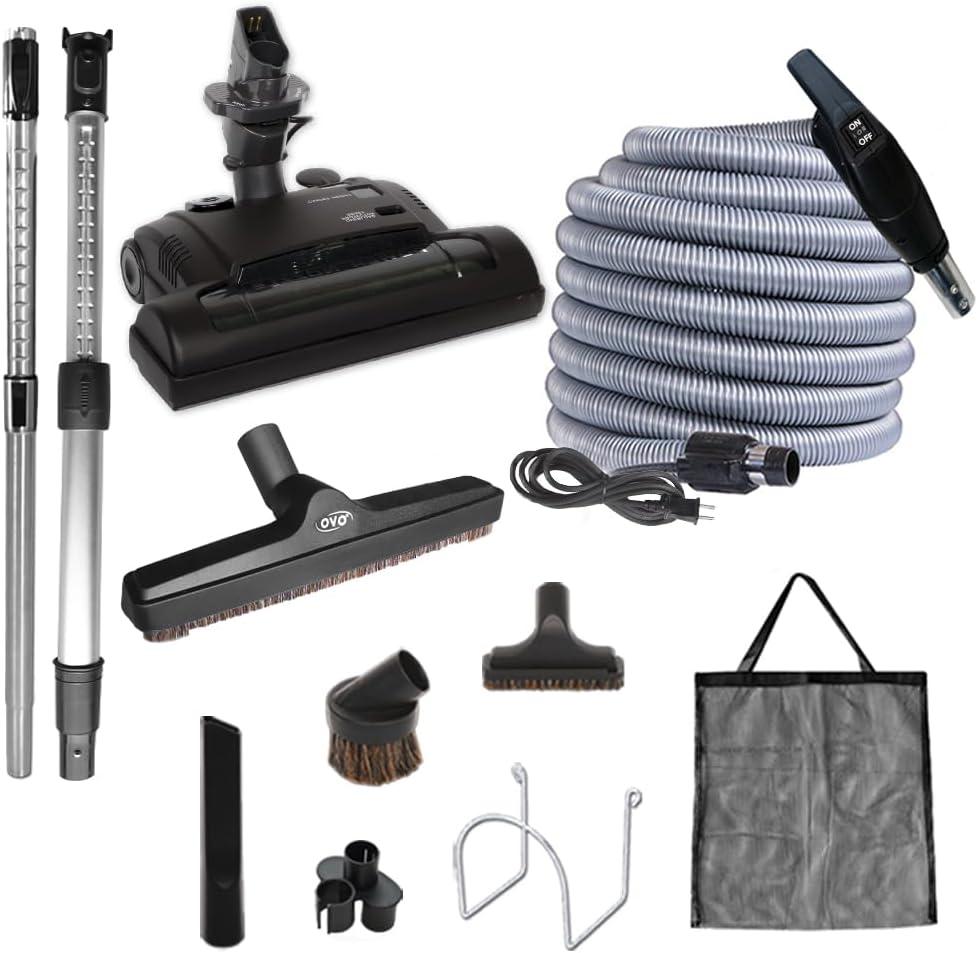 OVO Central Vacuum Carpet Deluxe Kit, 35ft ON/Off High-Voltage Hose with Pigtail, Deluxe 6 Adjustable Height Electric Carpet Beater, 12 Premium Floor Brush, Cleaning Tools and Easy Storage Acc.