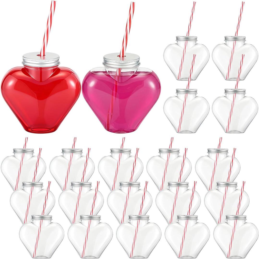 Sliner 20 Set 17 oz Mothers Day Heart Bottles with Straws Including Plastic Drink Empty Heart Bottle Straws Caps for Mother Day Mom Gifts Party Juice Milk Cup Drink Water Container