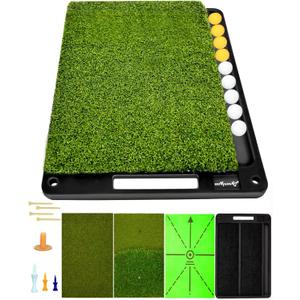 Golf Hitting Mats Outdoor Indoor,Golf Practice Mat with Instant Swing Path 3 Replaceable Golf Swing Training Mats Heavy Duty Non-Slip Rubber Base with Tees & Balls for Training, Driving, Chipping