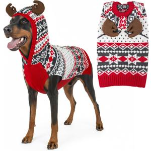KYEESE Dog Christmas Sweater, Warm Dog Sweater for Large Dogs Boy Girl, Holiday Knitwear with Reindeer Antler Hood, Thick Cozy Winter Outfit with Leash Hole, XXX-Large