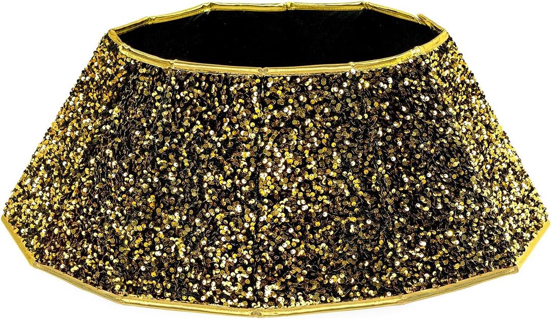 Blissun Christmas Tree Collar, Sequin Christmas Tree Skirt, Foldable Christmas Tree Ring, Xmas Tree Stand Base Cover for Christmas Tree Decoration, Round Gold