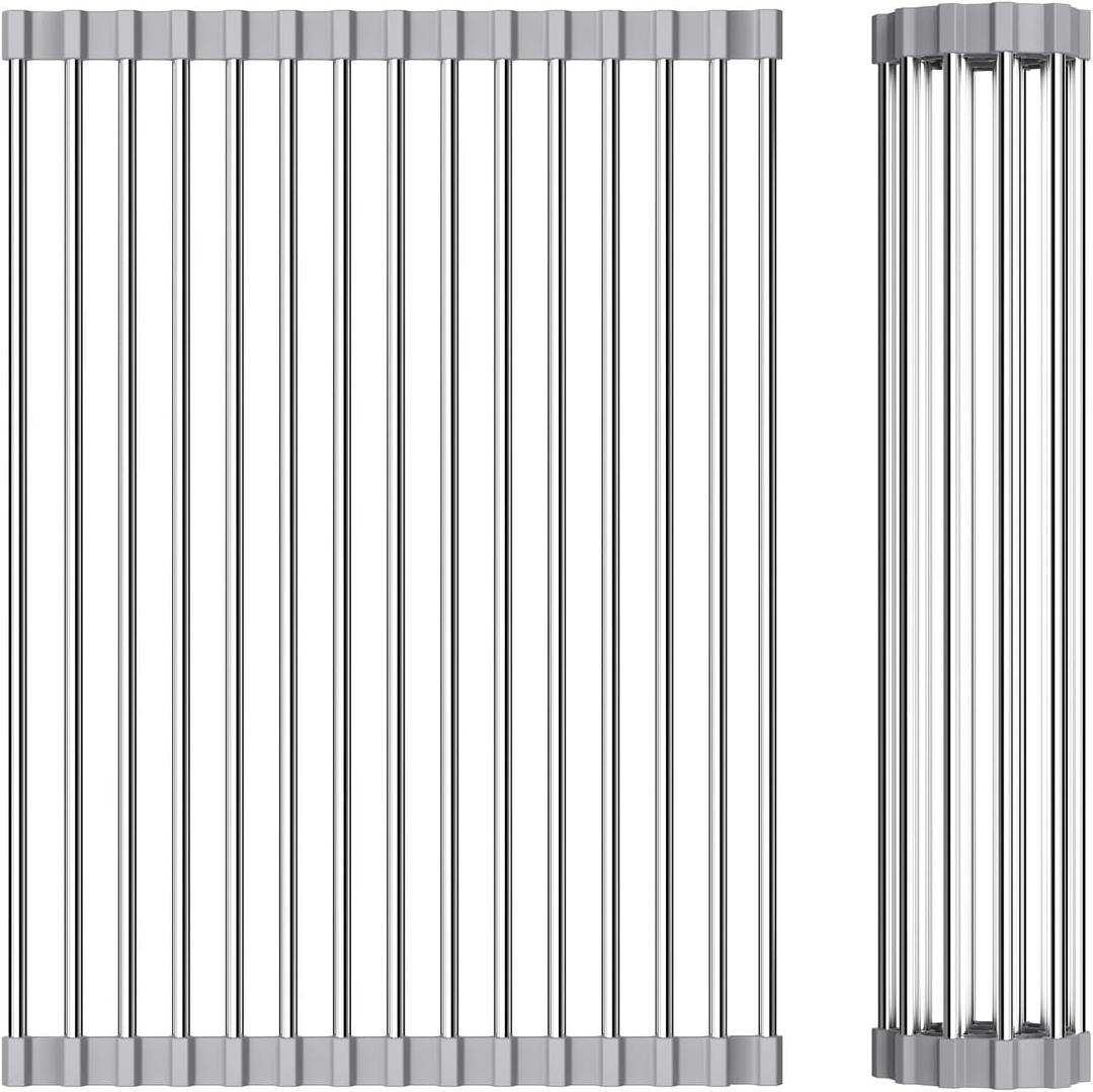 Foldable Over Sink Dish Drying Rack - Stainless Steel Sink Drain Rack with Silicone Edges, Roll-Up Storage for Kitchen, RV, Dorm Sinks (14.511.4in)