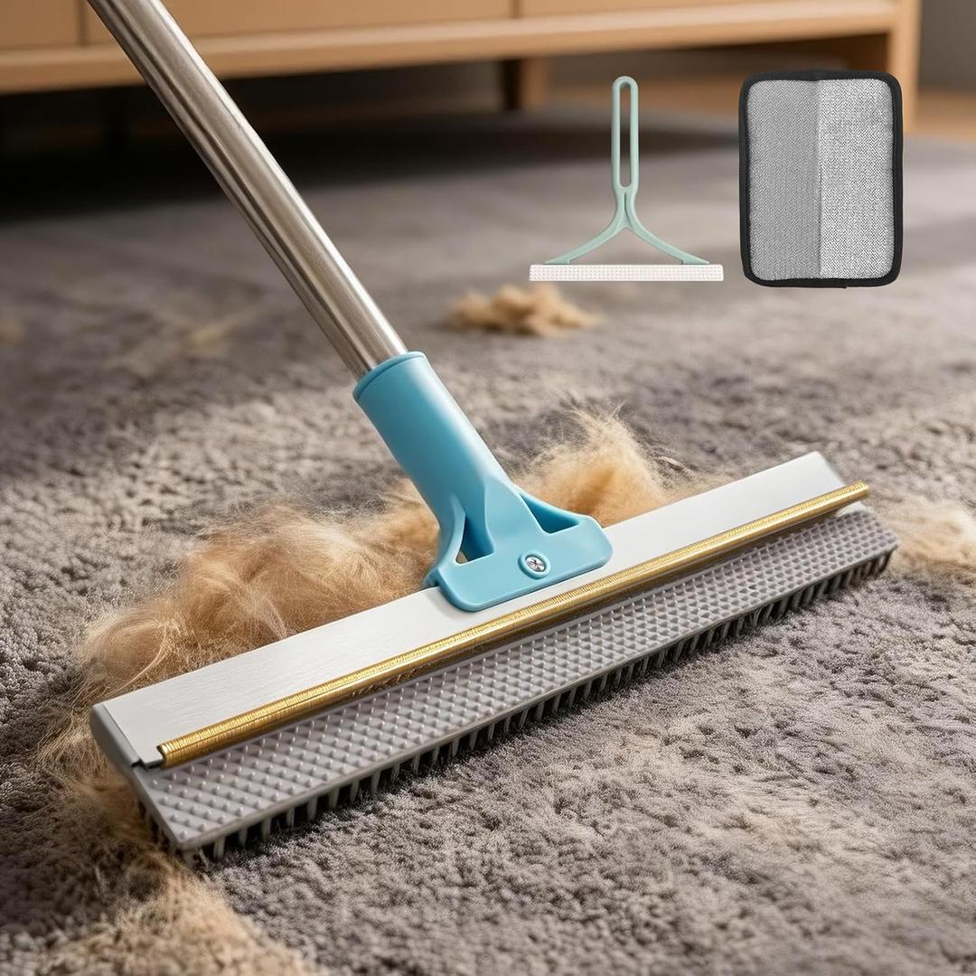 BFNN Carpet Rake for Pet Hair Removal | Reusable Dual-Action Carpet Broom Tool with Metal Scraper & Silicone Brush | 54" Adjustable Handle | 3Pcs Cat & Dog Fur Cleaning Kit for Rugs, Couch & Furniture (Blue)